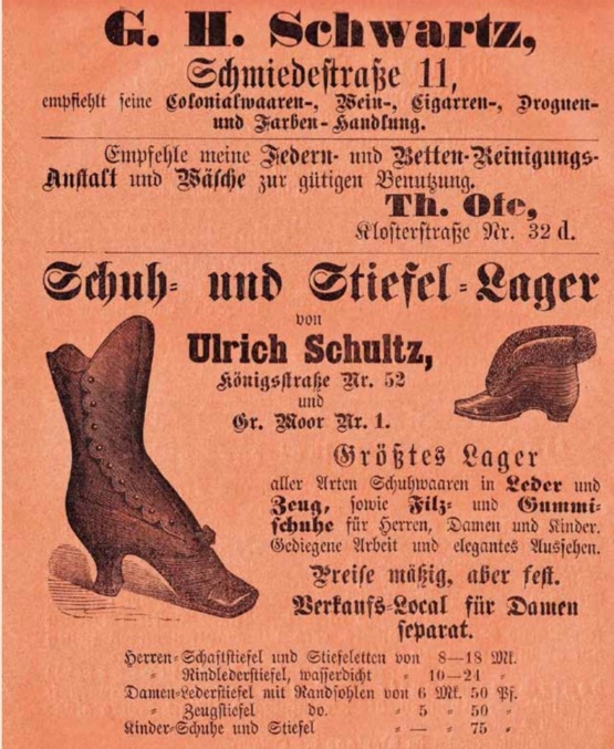 Werbeanzeige der Schweriner Firma Schwartz aus dem Jahr 1884 © Quelle: Landesbibliothek Mecklenburg-Vorpommern, Sign. MV:Mkl f IV 3165, Band 43 (1884) Werbeanzeige der Schweriner Firma Schwartz aus dem Jahr 1884