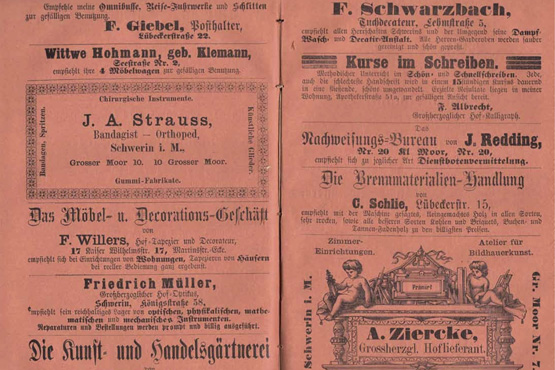 Diverse Werbeanzeigen aus dem Schweriner Wohnungsanzeiger des Jahres 1884