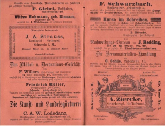 Diverse Werbeanzeigen aus dem Schweriner Wohnungsanzeiger des Jahres 1884 © Quelle: Landesbibliothek Mecklenburg-Vorpommern, Sign. MV:Mkl f IV 3165, Band 43 (1884) Diverse Werbeanzeigen aus dem Schweriner Wohnungsanzeiger des Jahres 1884