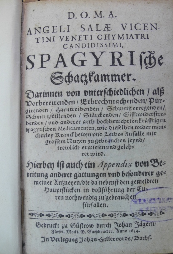 Titelblatt: Spagyrische Schatzkammer, Güstrow, Hallervords, 1634