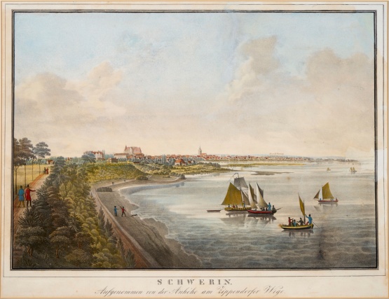 „Schwerin aufgenommen von der Anhöhe am Zippendorfer Weg“ Lithografie von August Achilles 1845