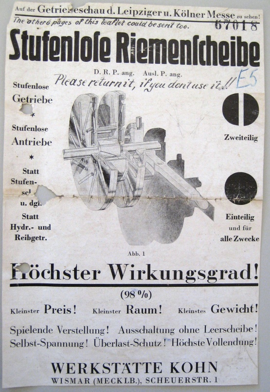 Werbeprospekt für "Stufenlose Riemenscheibe" von Herbert Kohn. © Quelle: LABO, Entschädigungsamt Berlin. Werbeprospekt für "Stufenlose Riemenscheibe" von Herbert Kohn.