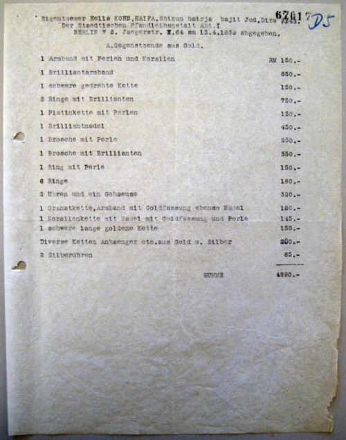Auszug aus der Liste der bei der Städtischen Pfandleihe Berlin von Herbert und Hella Kohn am 13.4.1939 abgegebenen Gegenstände.