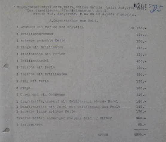 Auszug aus der Liste der bei der Städtischen Pfandleihe Berlin von Herbert und Hella Kohn am 13.4.1939 abgegebenen Gegenstände.