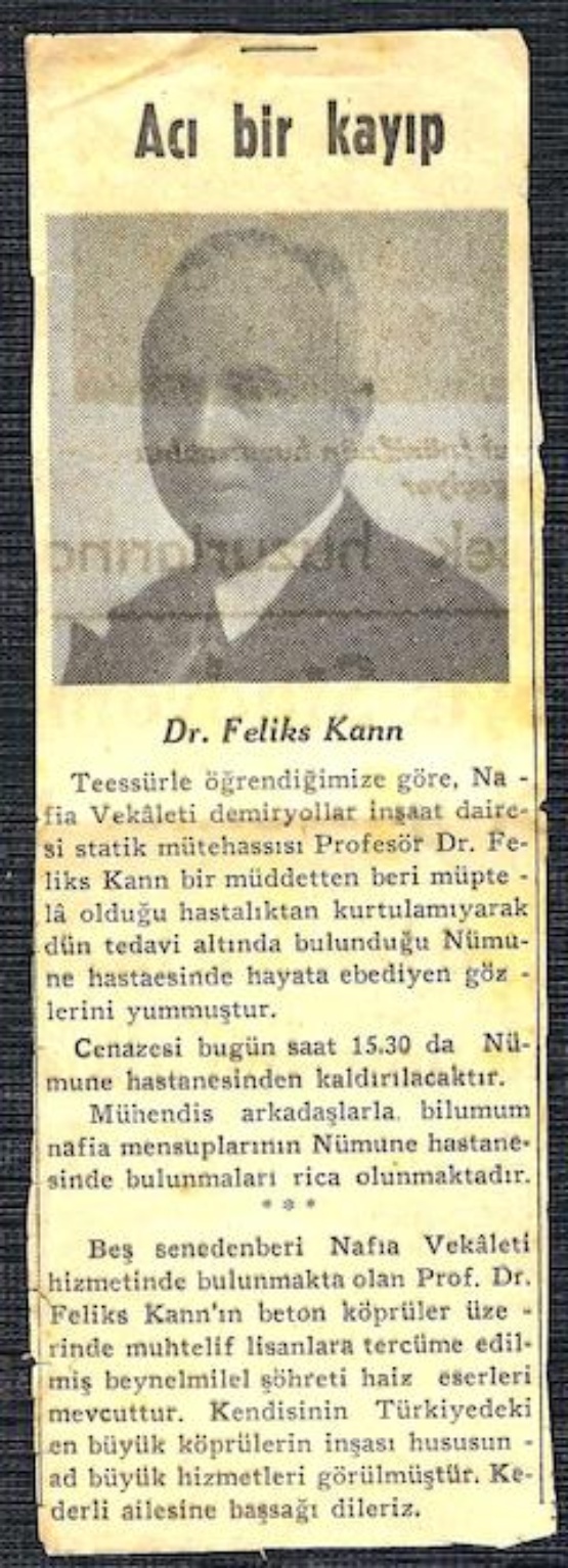 Traueranzeige für Felix Kann in einer unbekannten türkischen Zeitung um den 20.5.1939. © Quelle: Familienarchiv Kann Zeitungsausriss mit einer einspaltigen Anzeige mit Foto, der Text ist türkisch.