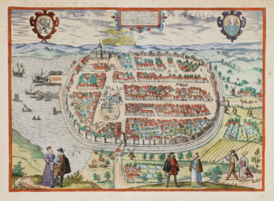 Hafen, Markt und Residenz Barth 1590, Stich von Frans Hogenberg Vogelschauansicht