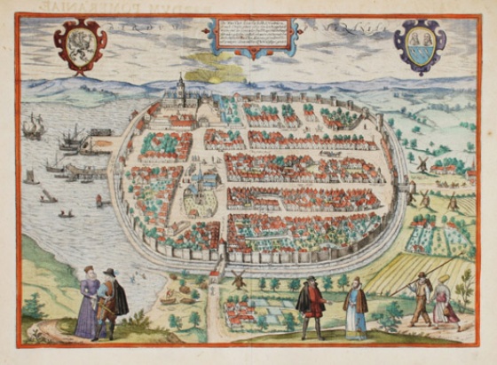 Hafen, Markt und Residenz Barth 1590, Stich von Frans Hogenberg Vogelschauansicht Hafen, Markt und Residenz Barth 1590, Stich von Frans Hogenberg Vogelschauansicht