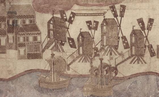 Mühlen und Schiffsverkehr an der Warnow um 1650 Bild