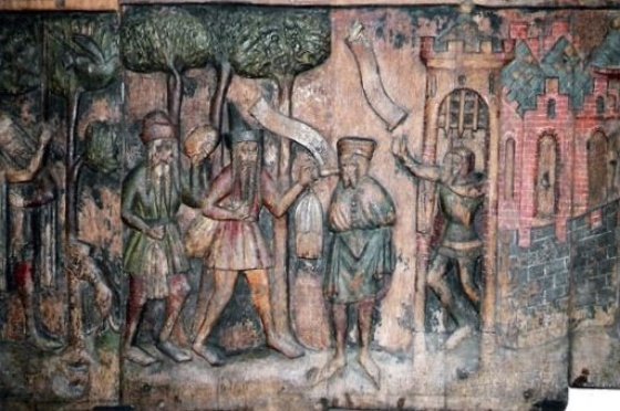 Rigafahrergestühl in der Nikolaikirche Stralsund mit der Darstellung von Pelzhändlern, um 1365