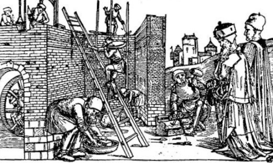 Turmbau in einer Hansestadt, Holzschnitt 1494