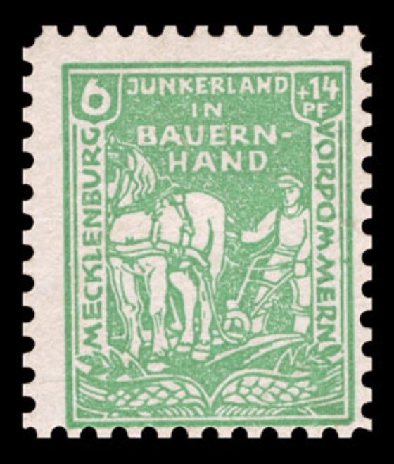 Briefmarke „Junkerland in Bauernhand“, 1945 (Entwurf Herbert Bartholomäus), Bodenreform in Mecklenburg-Vorpommern, 1945/46
