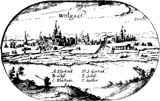 Wolgast mit den wichtigsten städtischen Bauten (Lubinsche Karte, 16. Jh.)