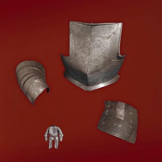 Teile eines Halbharnischs: Brustplatte Oberarmpanzerung Oberschenkelpanzerung Teile eines Halbharnischs: Brustplatte Oberarmpanzerung Oberschenkelpanzerung