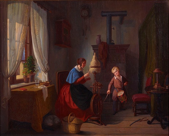 Georg Friedrich Kersting: Frau am Spinnrad und Trommelbube mit Säbel Georg Friedrich Kersting: Frau am Spinnrad und Trommelbube mit Säbel